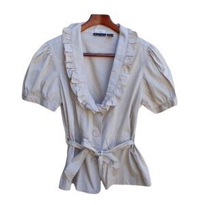 Vtg Caren Sport Boho Cottage Core Ruffled Scoop Puff Sleeve Belted Blazer Sz 1X
